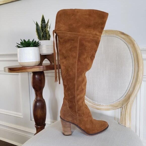 FRANCO SARTO Elnora Cognac Suede Leather OTK Boho Fringe Block Heel Boot Sz 8 - Picture 1 of 15